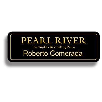 Enameled black badge, Frameless Badge w/ gold engraved printing (1"x 3")