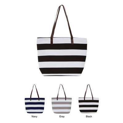 Large Canvas Stripe Tote Bags with Faux Leather Handles