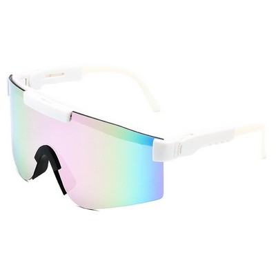 Goggle Sunglasses - Multicolored Mirror Lenses - White Frames