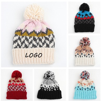 Two-tone Knit Pom Beanie With Cuff