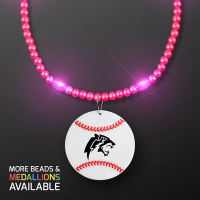 Pink LED Bead Necklace with Baseball Medallion - Domestic Imprint