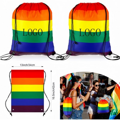 16 1/2"x13 2/5" Custom LGBT Pride Rainbow 210D Polyester Drawstring Backpack Bag