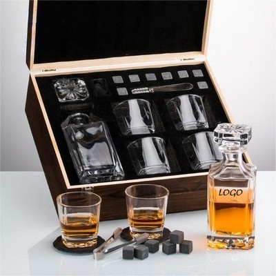 Whiskey Decanter Glass Wooden Box Set W/ Accessories