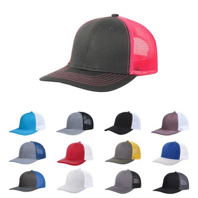 Stock Solid Color Cotton 6-Panel Trucker Cap w/ Contrasting Mesh Back