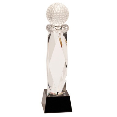 11" Crystal Golf Ball on Facet Column w/ Black Base (Sandblasted)