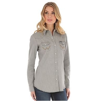 Wrangler® Women's Grey Denim Long Sleeve Western Snap Shirt