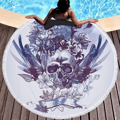 60" Dia Microfiber Skull Round Large Beach Towel for Halloween w/Tassel/Fringe