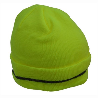 Lime Green Safety Beanie Hat with Reflective Stripe