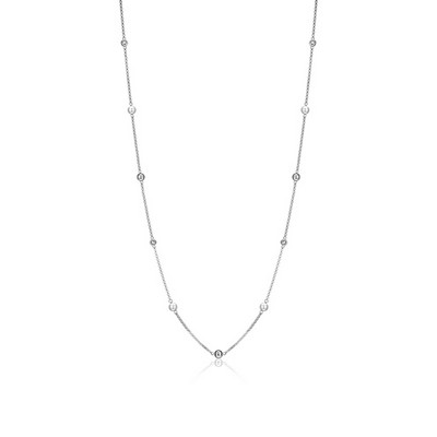 ELLE "Majestic" Sterling Silver with Pearl and Round Cubic Zirconia Bead Station Necklace- Silver