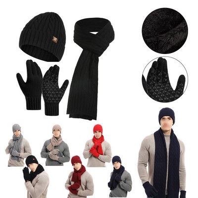 3PC Twist Pattern Wool Cashmere Beanie Scarf Gloves Set