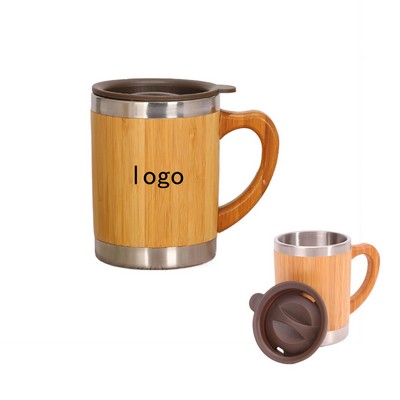 11 Oz Stainless Steel Bamboo Travel Mug with Handle