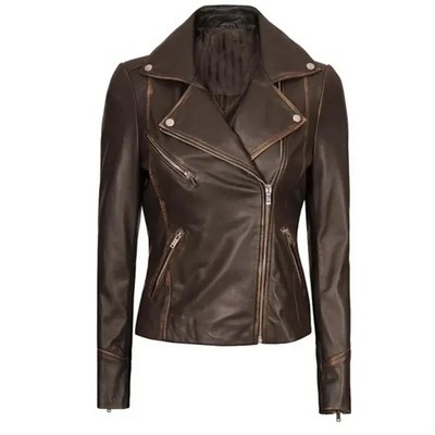 Women's Brown Vintage Leather Biker Jacket ( XS - 4XL )