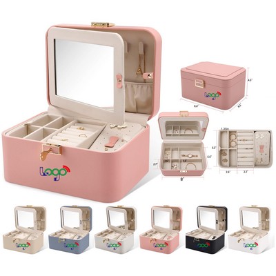 Jewelry Boxes for Women 2 Layers PU Leather Travel Jewelry Box with Mirror