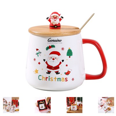 13.5oz Festive Holiday Ceramic Mug Set with Spoon and Lid