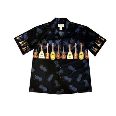 Black Hawaiian Border Print Cotton Poplin Shirt w/ Button Front