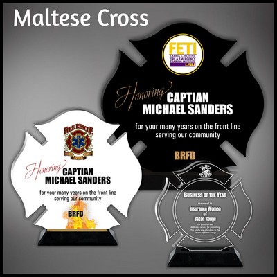 8" Maltese Cross Clear Acrylic Award in a Black Wood Base