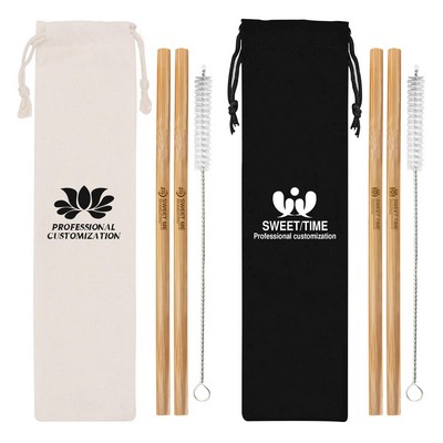 Jumbo Reusable Bamboo Drinking Straw W/ Cleaning Brush In Carrying Pouch