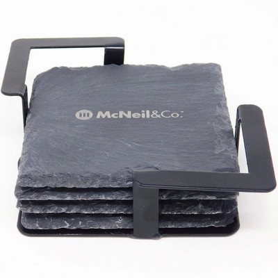 4 Pc. Square Slate Coaster Set with Black Metal Stand