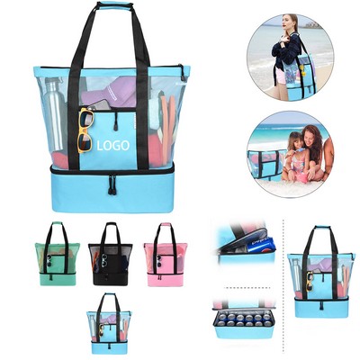 Insulated Beach Mesh Tote Bag with Bottom Thermal Layer