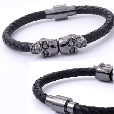 Double Skull Leather Woven Bracelet