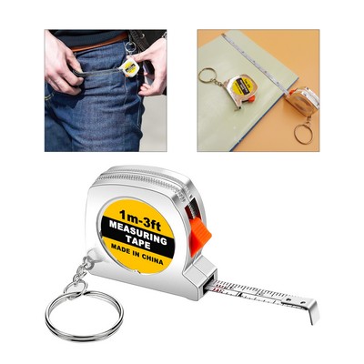 Chrome Finish Mini Measuring Tape Keychain with Brake, 1m/3ft Ruler