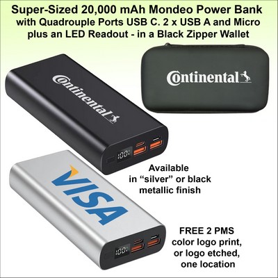 Super-Sized 20,000 mAh Mondeo Power Bank with Quadrouple Ports in a Black Zipper Wallet