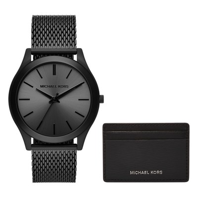 Michael Kors Men's Runway Black Ion-Plated SS Milanese Black Dial Watch w/Card Case