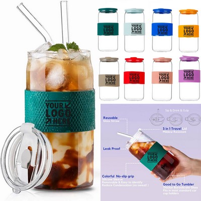 16 oz Glass Tumbler Glass Water Bottle with Straw Silicone Protective Sleeve