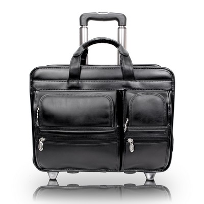 CLINTON | 17" Black Leather Detachable-Wheeled Laptop Case | McKleinUSA