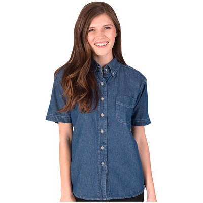 Ladies Short Sleeve Cotton Denim Shirt w/Patch Pocket