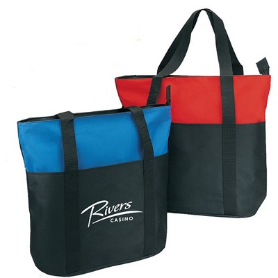 600D Polyester Reusable Zippered Tote Bag w/ Pockets & Handles