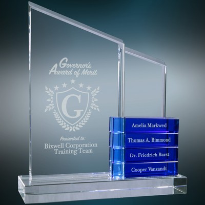 8" x 9" Crystal Perpetual Standup Plaque with Blue Crystal Blocks Award