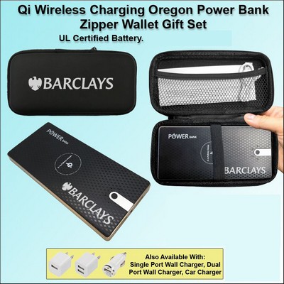 Qi Wireless Charging Oregon Power Bank Zipper Wallet Gift Set 10000 mAh