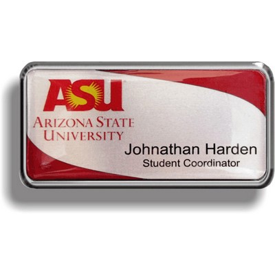 Bright Silver Plastic Framed Badge w/White PVC insert printed in full color (1 1/2"x 3")