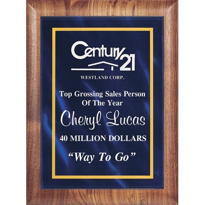 Economy Genuine Walnut Plaque with Acrylic Blue Marble Plate, 9"x12"