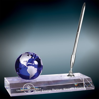 Blue Crystal Globe w/Base & Pen