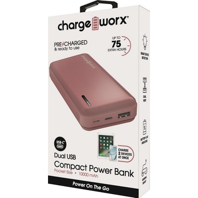 Chargeworx 10000mAh Dual USB Slim Power Bank, Ash Rose