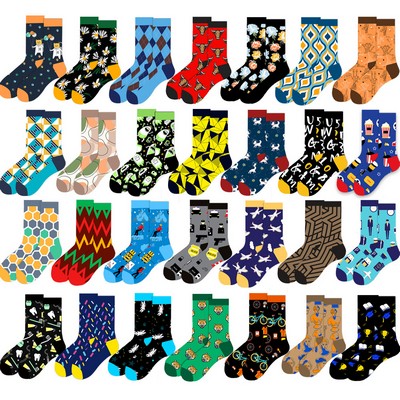 Fun Colorful Socks Patterned Funky Happy Crew Sock Combed Cotton Stockings Packs