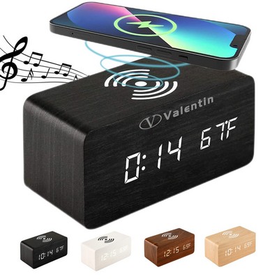 Wooden Wireless Charging Alarm Clock with Wireless Speaker