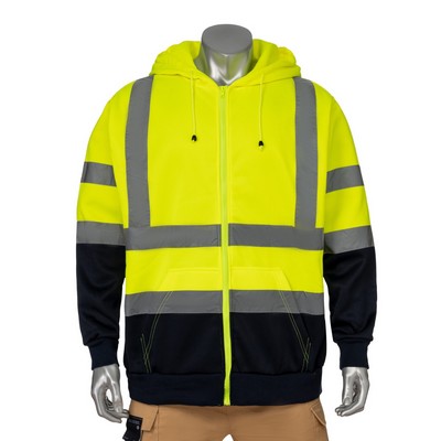 Hi Vis Class 3 Color Block Reflective Tape Safety Zipper Hoodie with Kangaroo Pocket