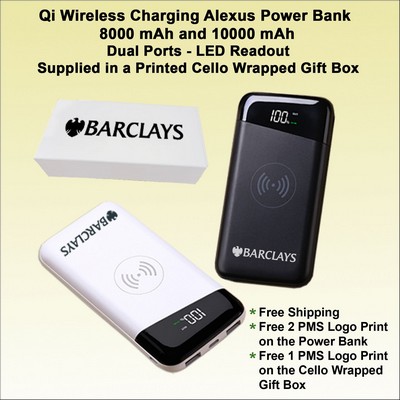 Qi Wireless Charging Alexus Power Bank - 10000 mAh - Dual Ports, Supplied on a Cello Wrapped Printed