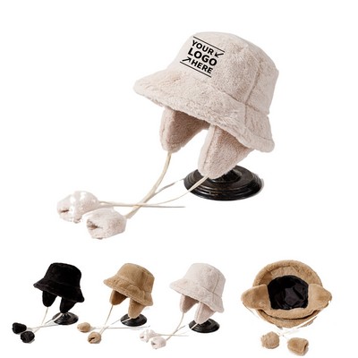 Warm Plush Bucket Hat W/ Removable Earflaps