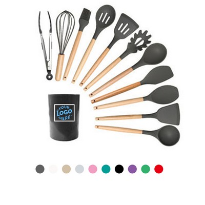 12-Piece Silicone Kitchen Utensil Set With Wooden Handles