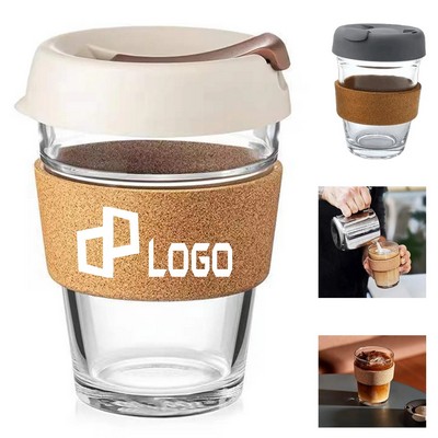 12 Oz Coffee Glass Cups W/ Cap And Cork Band