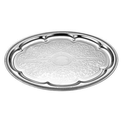 18.1 inch x 13.3 inch Oval Floral Pattern Engraved Catering Chrome Plated Serve Plate