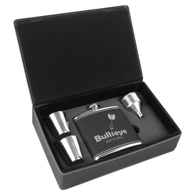 6 oz. Black/Silver Leatherette Flask Gift Set