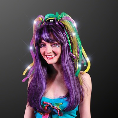 Imprintable Purple Noodle Headband w/ LED's & Mardi Gras Ribbons - Domestic Imprint