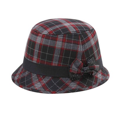 Infinity Selections Wool Plaid Cloche Hat w/ Bow Tie Decoration