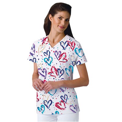 Cherokee® Poplin Tunic Heartbeat V-Neck Scrub Shirt (HRTB Print)