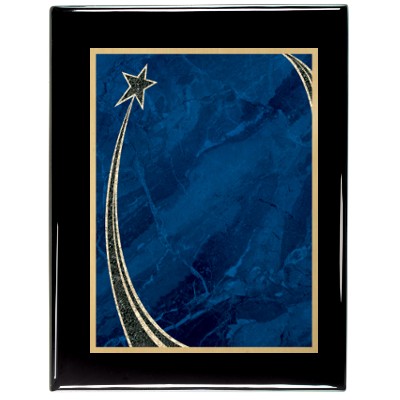 Ebony Piano Finish Plaque with Blue Rising Star Brass Plate, 9 x 12"